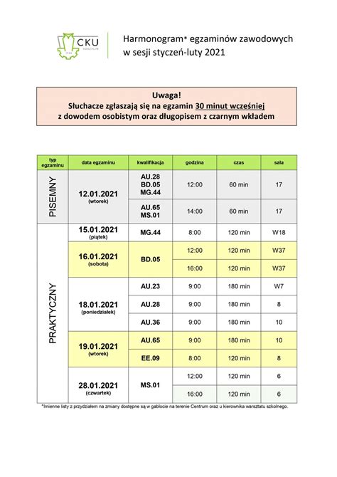 Harmonogram Egzamin W Zawodowych W Sesji Stycze Luty Cku Koszalin