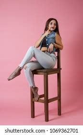 girl sitting  bar stool studio stock photo  shutterstock