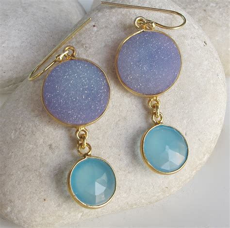 Druzy Purple Round Drop Earring Blue Druzy Gold Dangle Long Earring 2 Stone Boho Statement