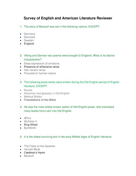 Survey Of English And American Literature Reviewer Part Ii Survey Of