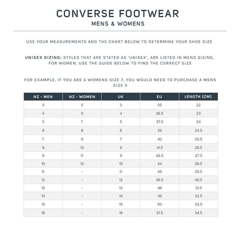 Converse Size Charts – Shoe Bizz