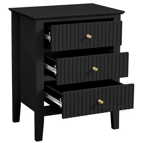 Conifferism Fluted Drawer Nightstand 3 Drawers Black Bedside Table Li