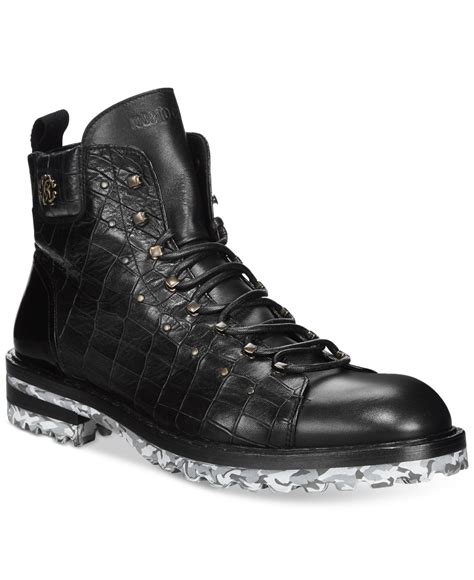 Roberto Cavalli Leather Mixmedia Boots With Camo Sole In Black For Men Lyst