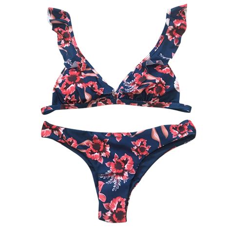 Sexy Plunge Neck Bikini Padded Floral Bikini Set Low Waist Bikinis