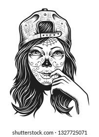 Illustration Black White Skull Girl Cap Stock Vector (Royalty Free) 675927088