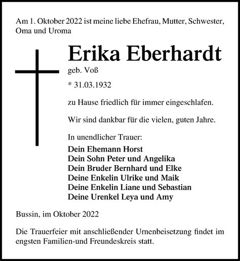 Traueranzeigen Von Erika Eberhardt Trauer Anzeigen De