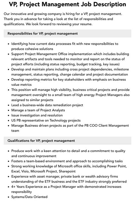 Vp Project Management Job Description Velvet Jobs