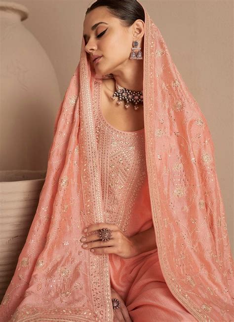 Buy Peach Tussar Silk Embroidered Palazzo Suit Party Wear Online At