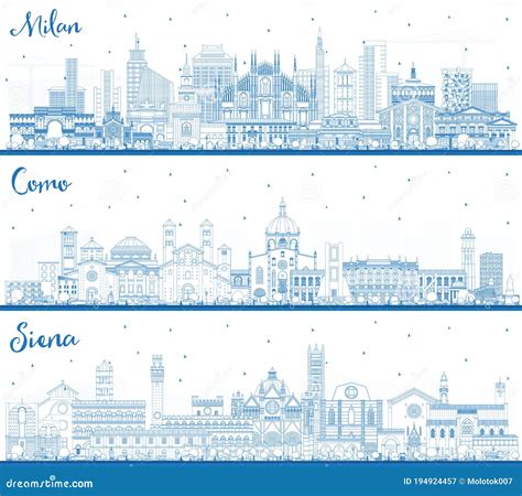 Outline Siena Padua And Como Italy City Skyline Set With Blue