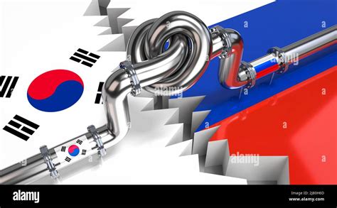 Fuel Gas Pipeline With A Knot Flags Of South Korea And Russia D