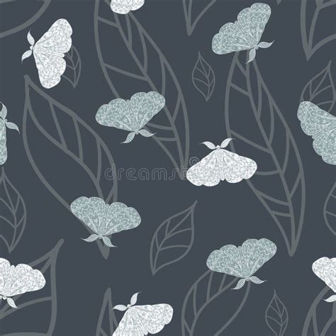 Vector Magical Moths On Dark Leaves Seamless Pattern Background Stock