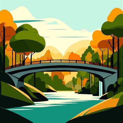 Puente De Piedra Sobre El R O En La Ilustraci N Vectorial Del Bosque En