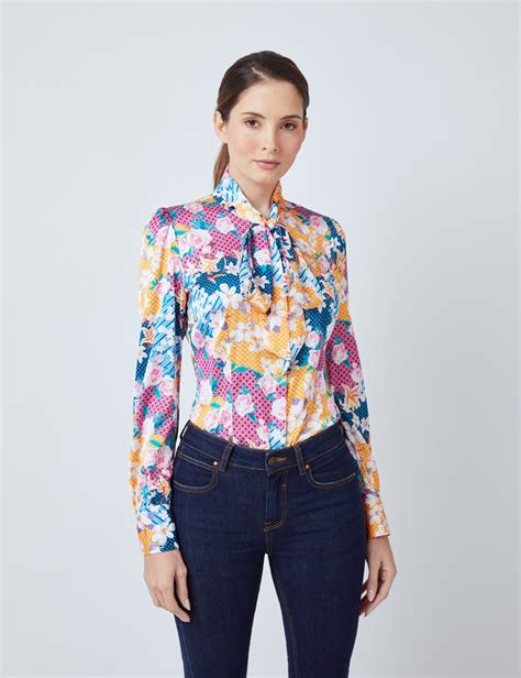 Satin Floral Print Women S Fitted Blouse With Single Cuff And Pussy Bow