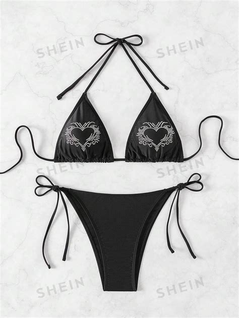 Shein Swim Event Womens Vacation Bikini Set With Rhinestone Heart