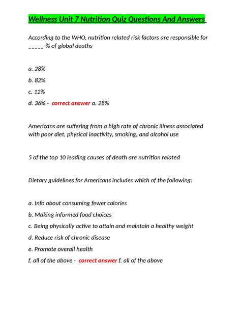 Wellness Unit 7 Nutrition Quiz Questions And Answers Exams Nursing