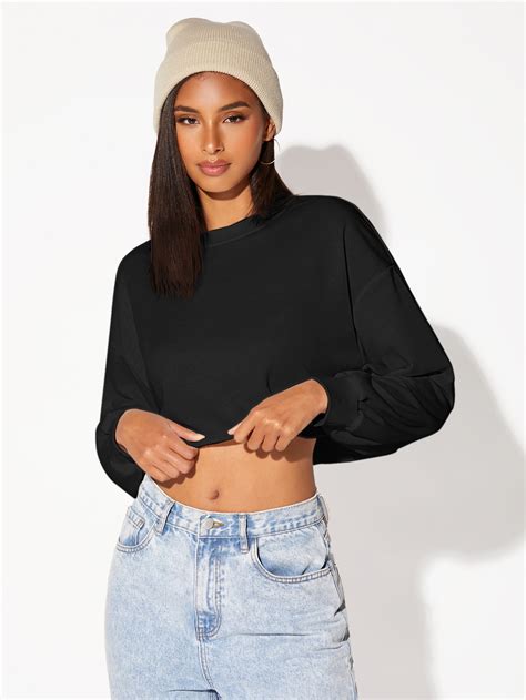 Evolushein Drop Shoulder Raw Hem Crop Pullover Shein Usa