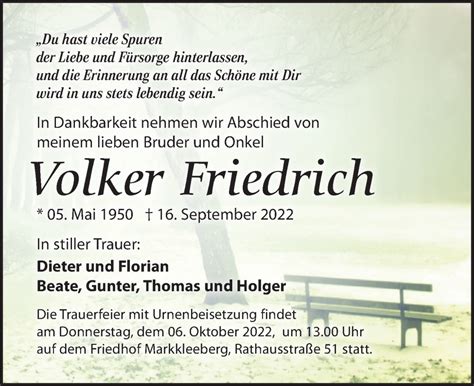 Traueranzeigen Von Volker Friedrich Trauer Anzeigen De