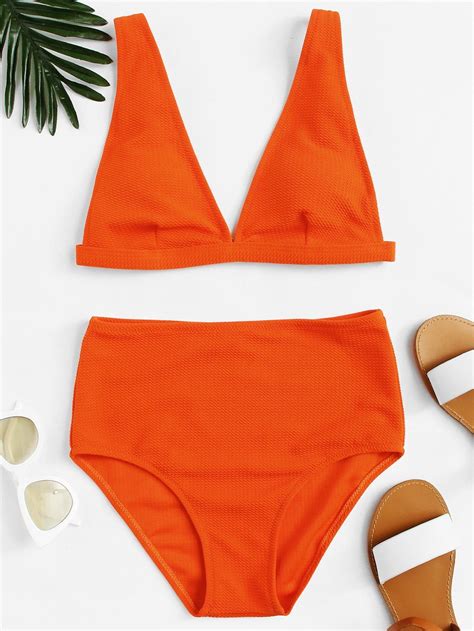 Textured Plunge Top With High Waist Bikini Set