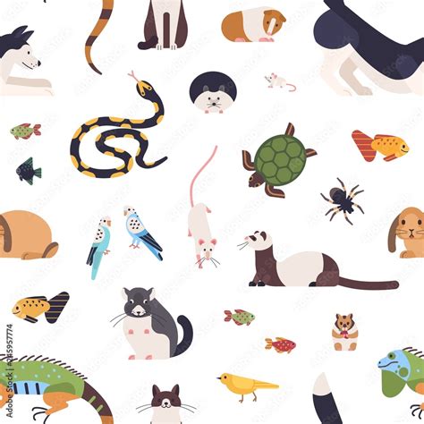 Seamless pattern with pets on white background. Backdrop with cute ...