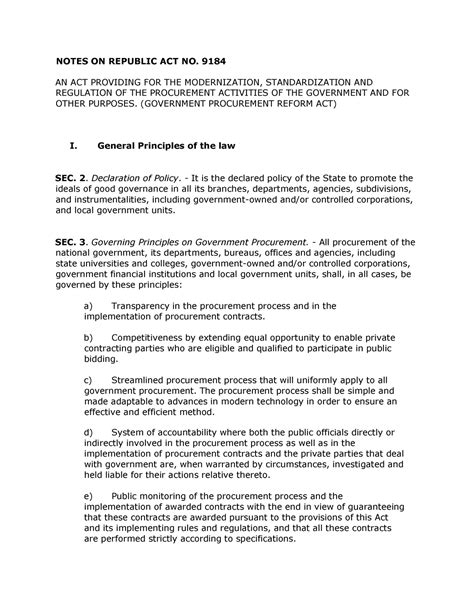 Notes On Ra 9184 Government Procurement Reform Act Notes On Republic