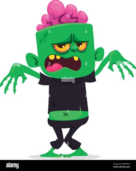 Cartoon Funny Green Zombie With Pink Brains Outside Of The Head