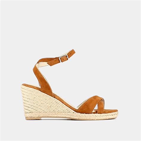 Espadrilles with high heels and straps in cognac leather | Jonak