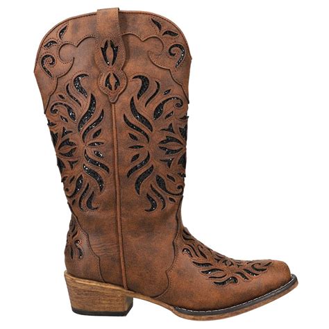 Roper Womens Riley Glitz Tooled Inlay Snip Toe Casual Boots Mid Calf