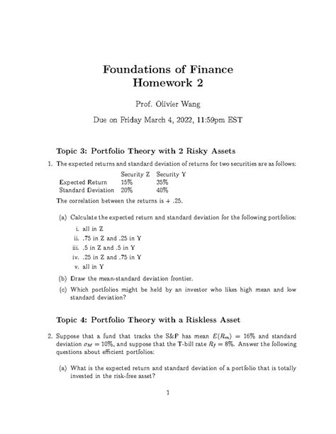 Written Homework 2 Foundations Of Finance Homework 2 Prof Olivier