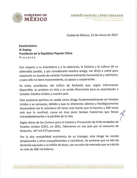 Carta Del Presidente Andrés Manuel López Obrador Al Presidente De La República Popular China Xi