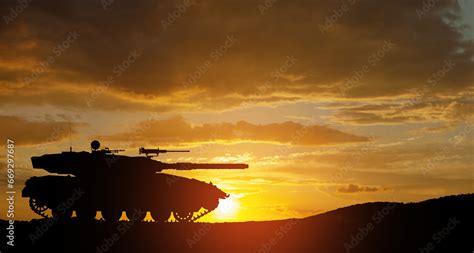 Silhouette of army tank at sunset sky background. Stock Illustration ...