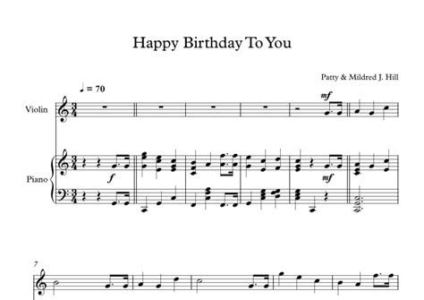 Happy Birthday To You Patty And Mildred J Hill Violin Piano Sheet