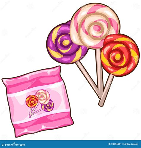 Pink Bag With Three Colorful Spiral Lollipops Stock Vector