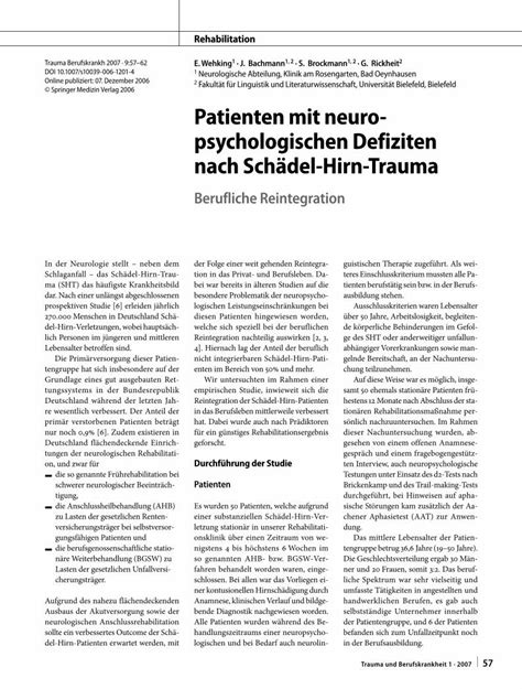 Pdf Patienten Mit Neuropsychologischen Defiziten Nach Sch Del Hirn