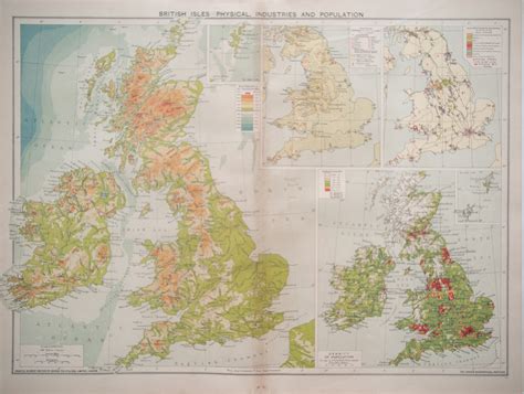 Antique Map Of The British Isles Demographics Physical Industries