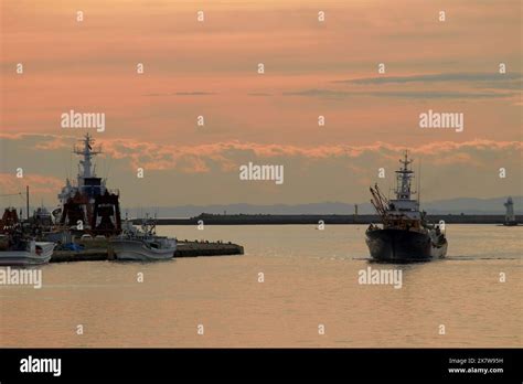 Beautiful Scenery In Japan Kushiro Port At Dusk And A Small Fishing