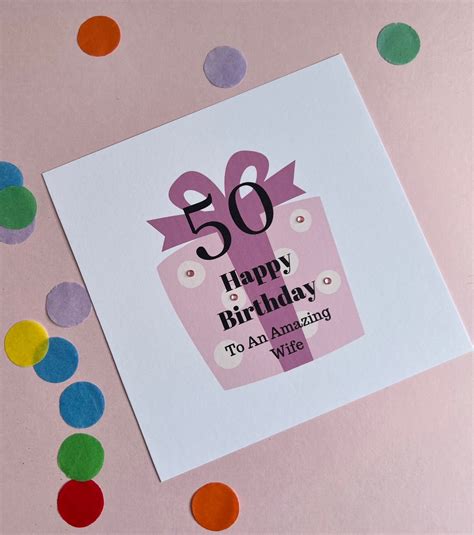 50th Birthday Card Happy 50th Birthday Pink Present Birthday Card Wife ...