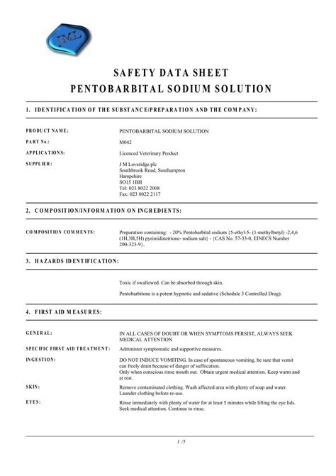 Safety Data Sheet Pentobarbital Sodium Solution J M Loveridge Plc