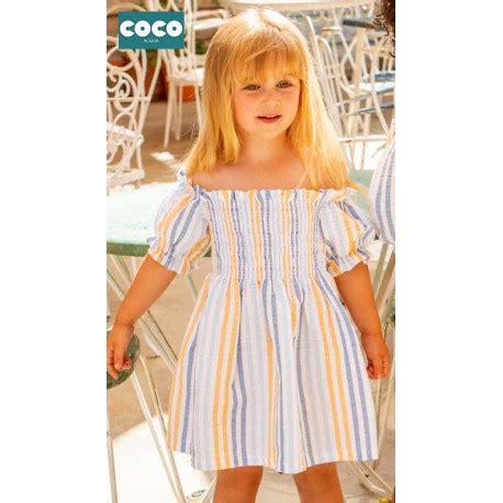 Coco Acqua Verano 2023 Vestido niña Rayas Mostaza y Azul