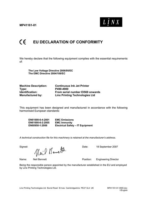 Eu Declaration Of Conformity Linx Printing Technologies