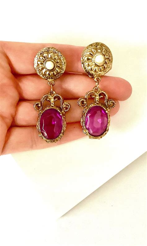 CLIP ON Boucles Doreilles Vintage Jewelled Statement Purple Etsy France