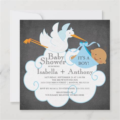 Stork Chalkboard African American Boy Baby Shower Invitation | Zazzle