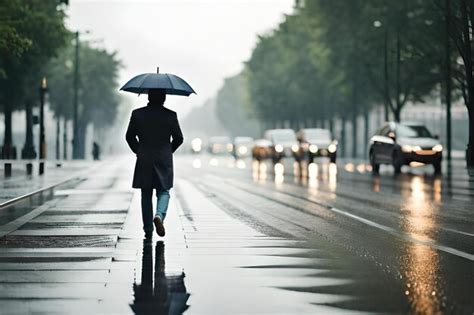 Una Mujer Camina Por Una Calle Mojada Con Un Paraguas Bajo La Lluvia