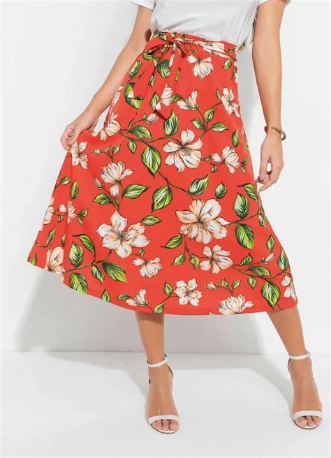 Saia Floral Laranja Faixa Moda Evang Lica Queima De Estoque