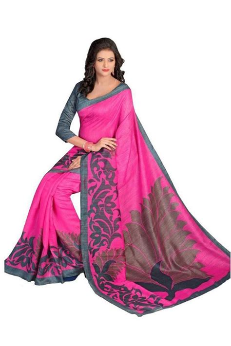 Buy Meia Pink Block Print Bhagalpuri Silk Saree With Blouse Online