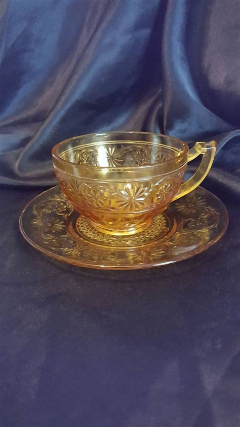 Vintage Amber Depression Glass Cup And Saucer Set In Daisy Etsy