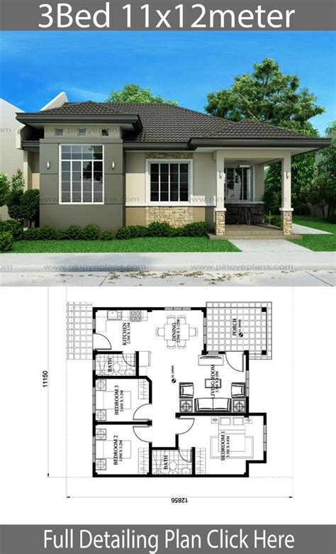 Modern Bungalow House Design 11x12m with 3 Bedrooms