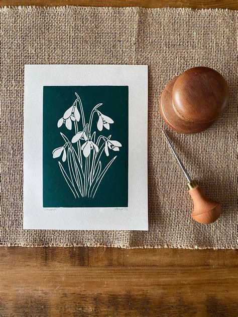 Snowdrop Print In Green Snowdrops Original Lino Print Botanical Home