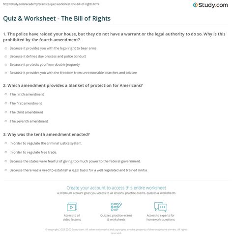 Quiz And Worksheet The Bill Of Rights