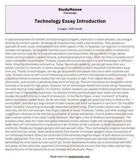 Technology Essay Introduction Free Essay Example