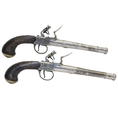 Pair Of 22 Bore Flintlock Boxlock Pistols By A Elston Of Doncaster